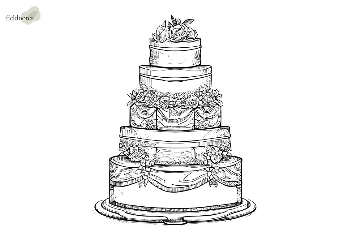 A detailed black and white illustration of a multi-tiered wedding cake