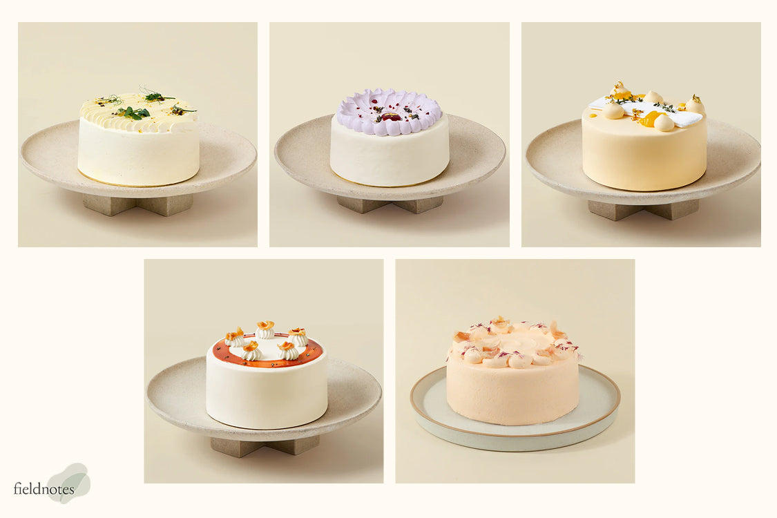A collage featuring five different seasonal cakes from Fieldnotes
