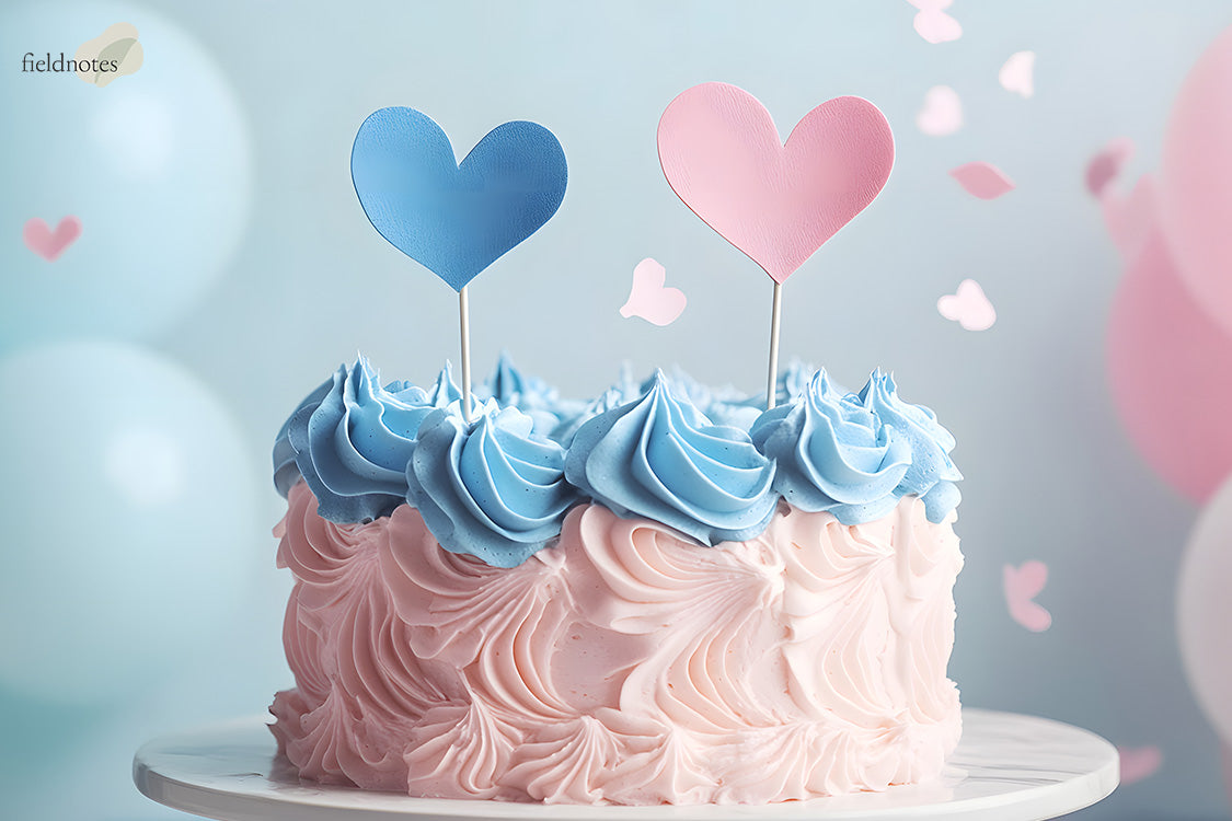 Gender reveal cake with blue and pink heart toppers.