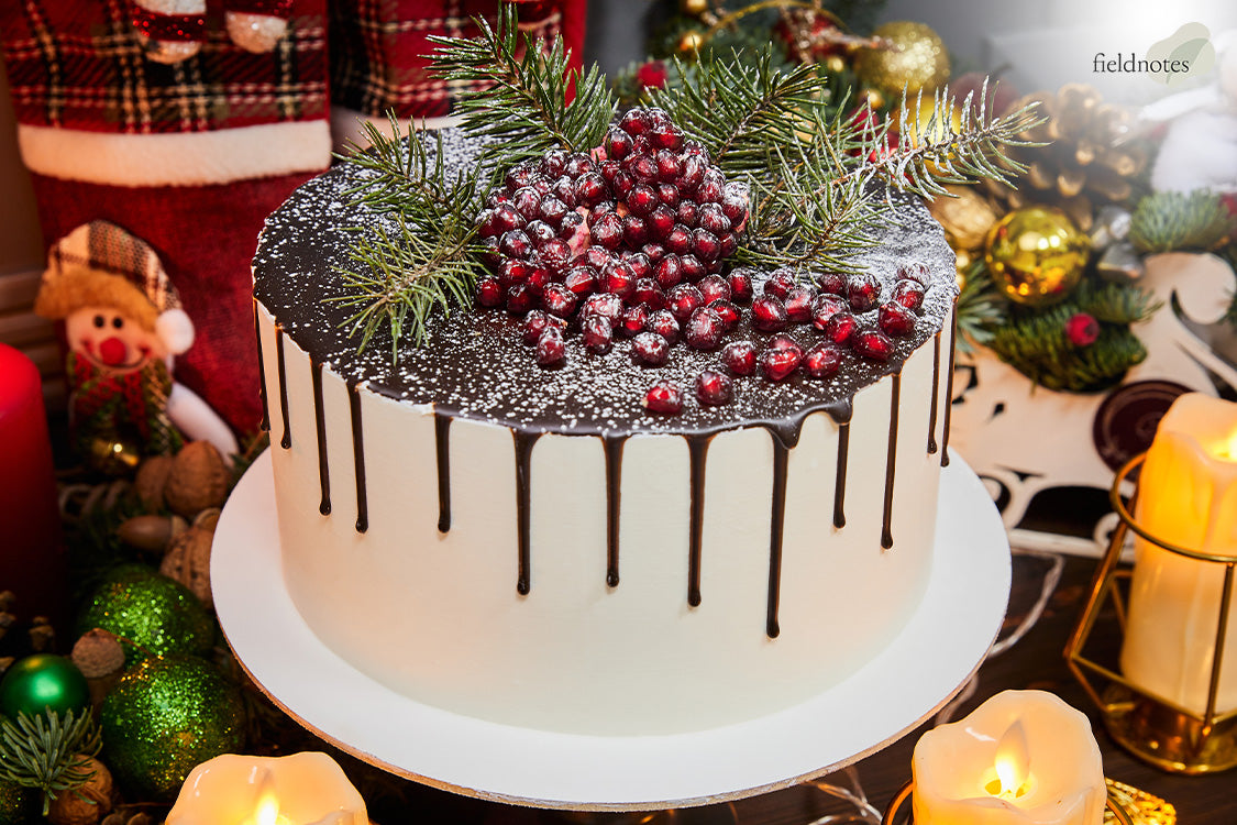 White Christmas cake with chocolate drip with pomegranate and pine sprigs.