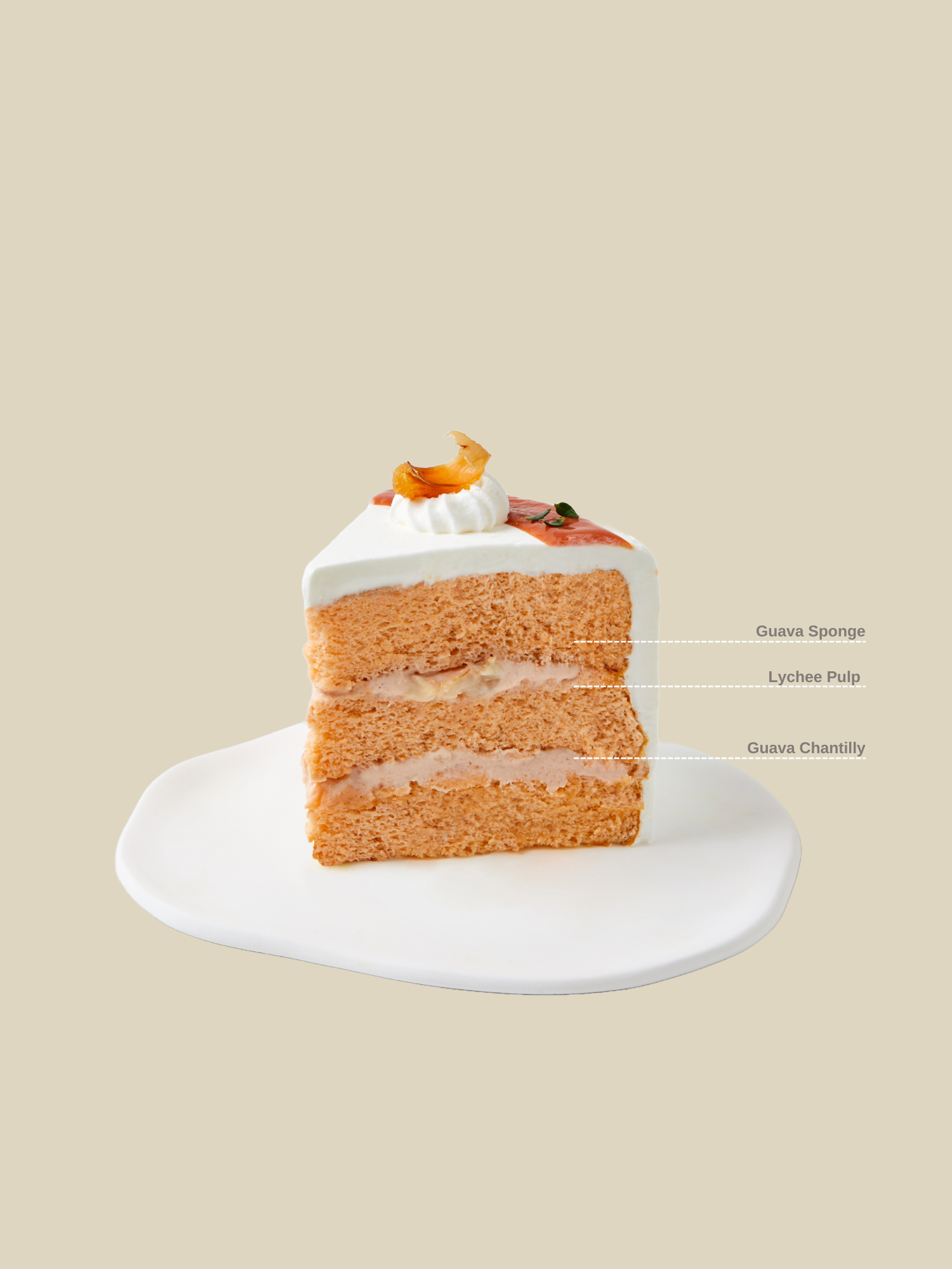 Delicious guava cake layered with guava fresh cream and lychee, available for islandwide cake delivery in Singapore