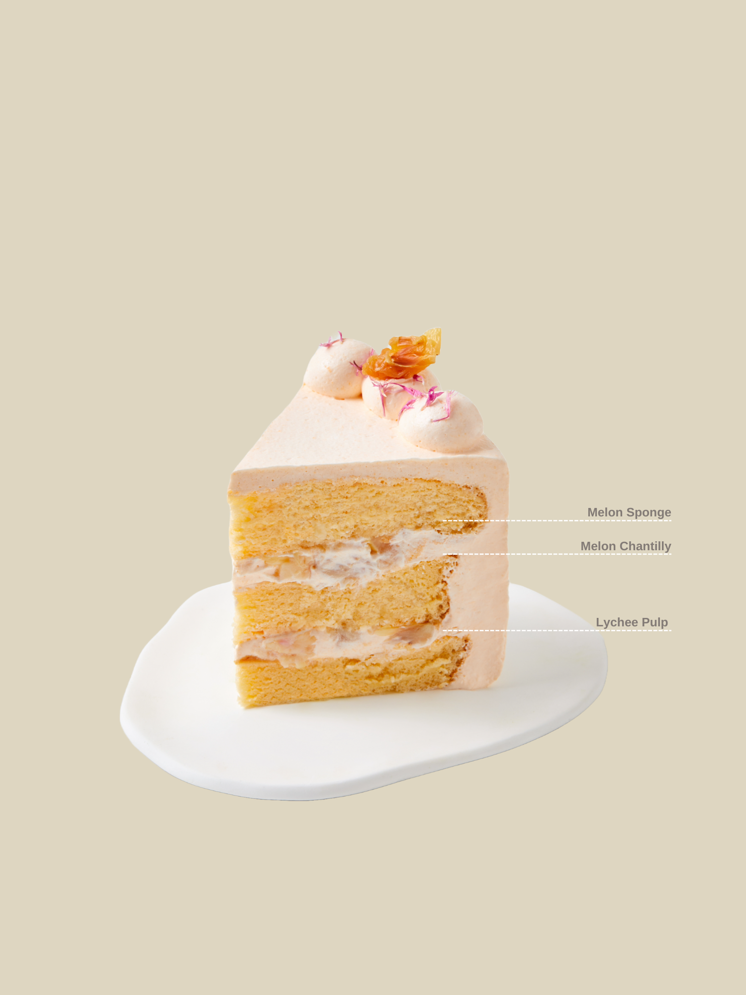 Melon sponge layered with melon fresh cream and lychee bits, available for online delivery in Singapore