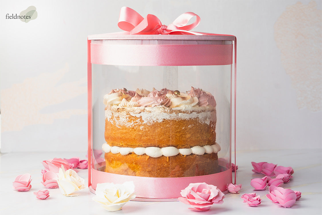 A beautiful two-tier naked cake decorated with pink frosting in a transparent gift box.