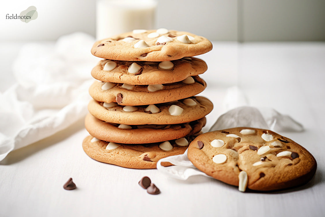 A stack of freshly baked chunky white chocolate cookies.