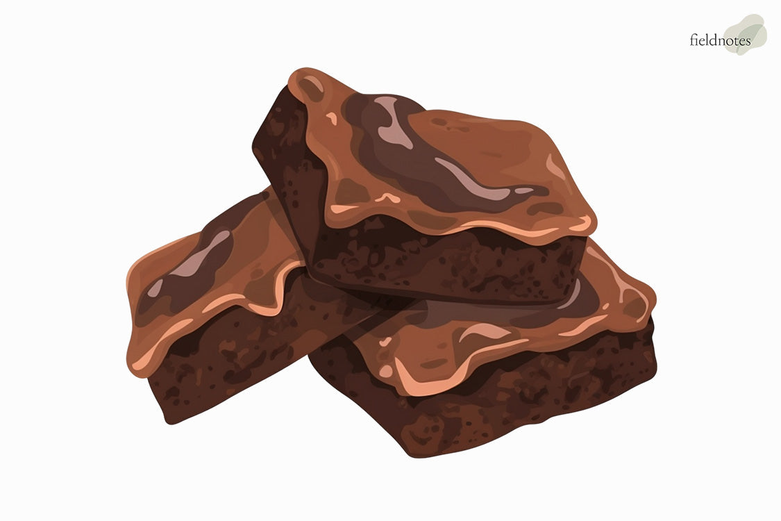 An illustration of fudgy brownies topped with chocolate ganache.