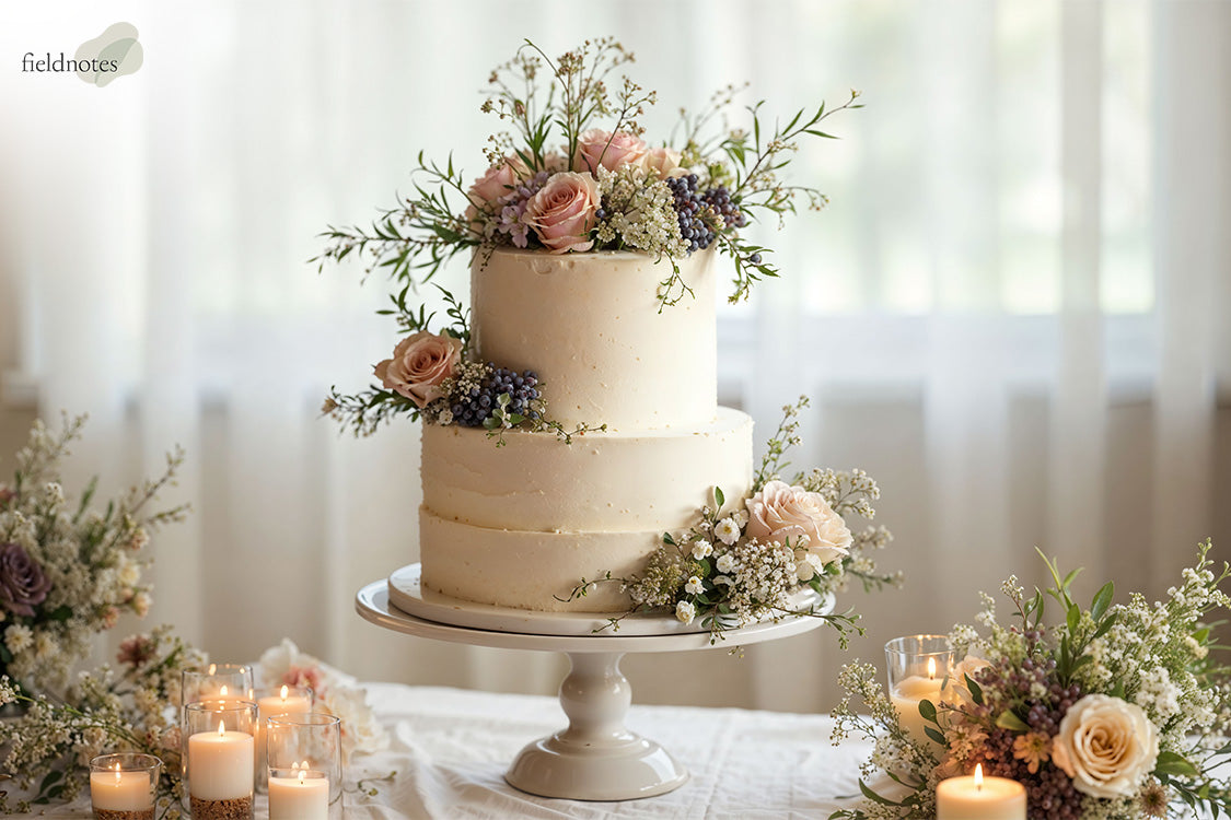 Fieldnotes two-tier floral wedding cake showcasing international dessert traditions.