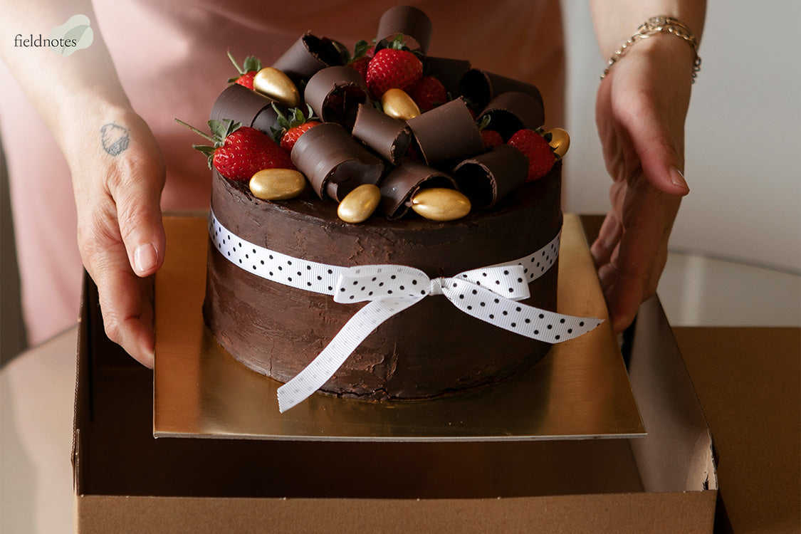 Hands holding a rich chocolate cake topped with strawberries and gold-dusted chocolate curls for a special celebration.