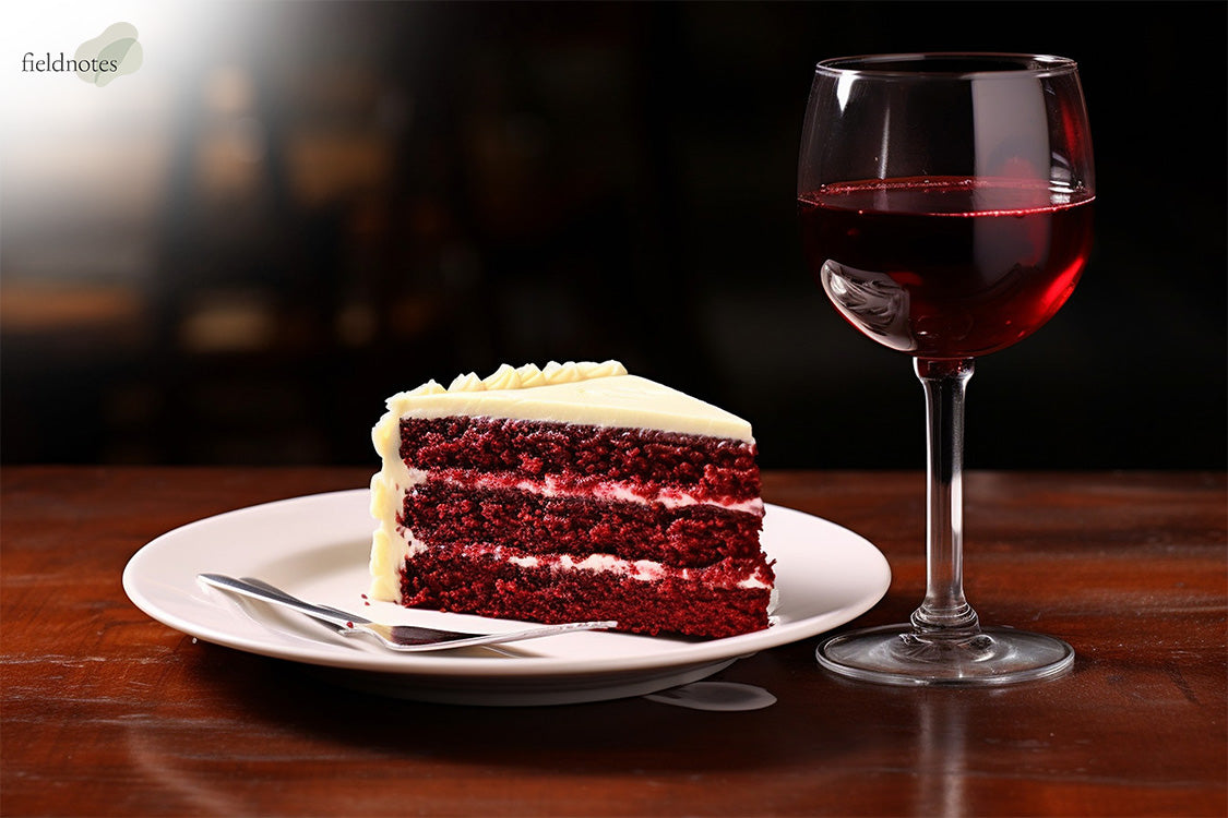Sliced red velvet cake paired with a glass of wine.