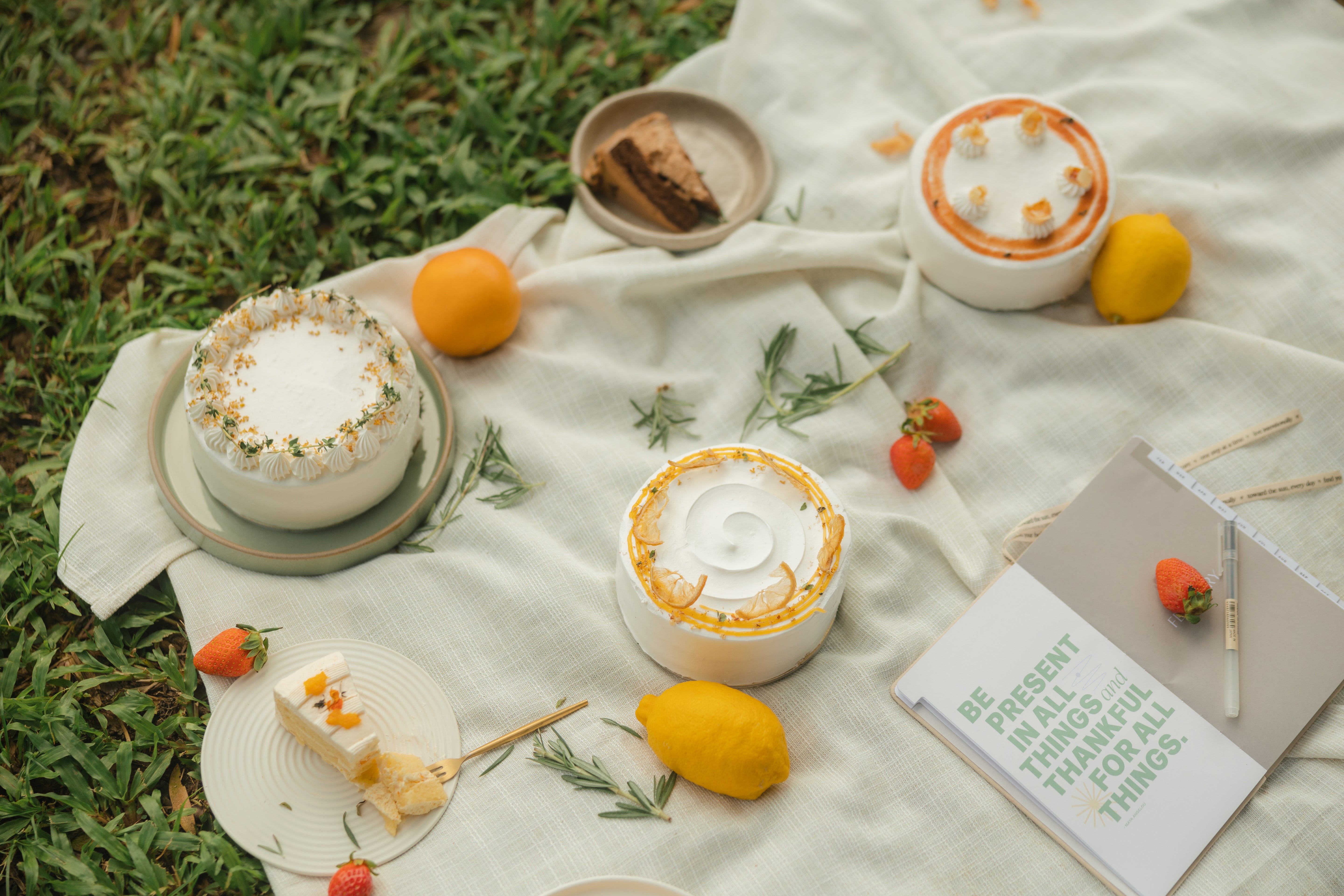 A picnic setup on a blanket with three decorated cakes, fruit, a plate with cake, a book, notebook, and pen on grass. Lemons, strawberries, and greenery are scattered around.