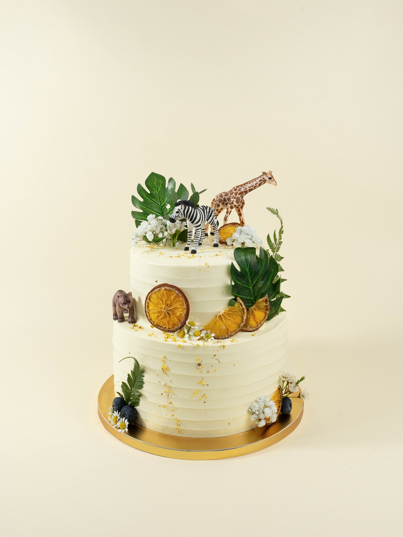 [4 days in advance] Rustic Safari Two Tier Cake (1 bear, 1 zebra, 1 giraffe packed separately)