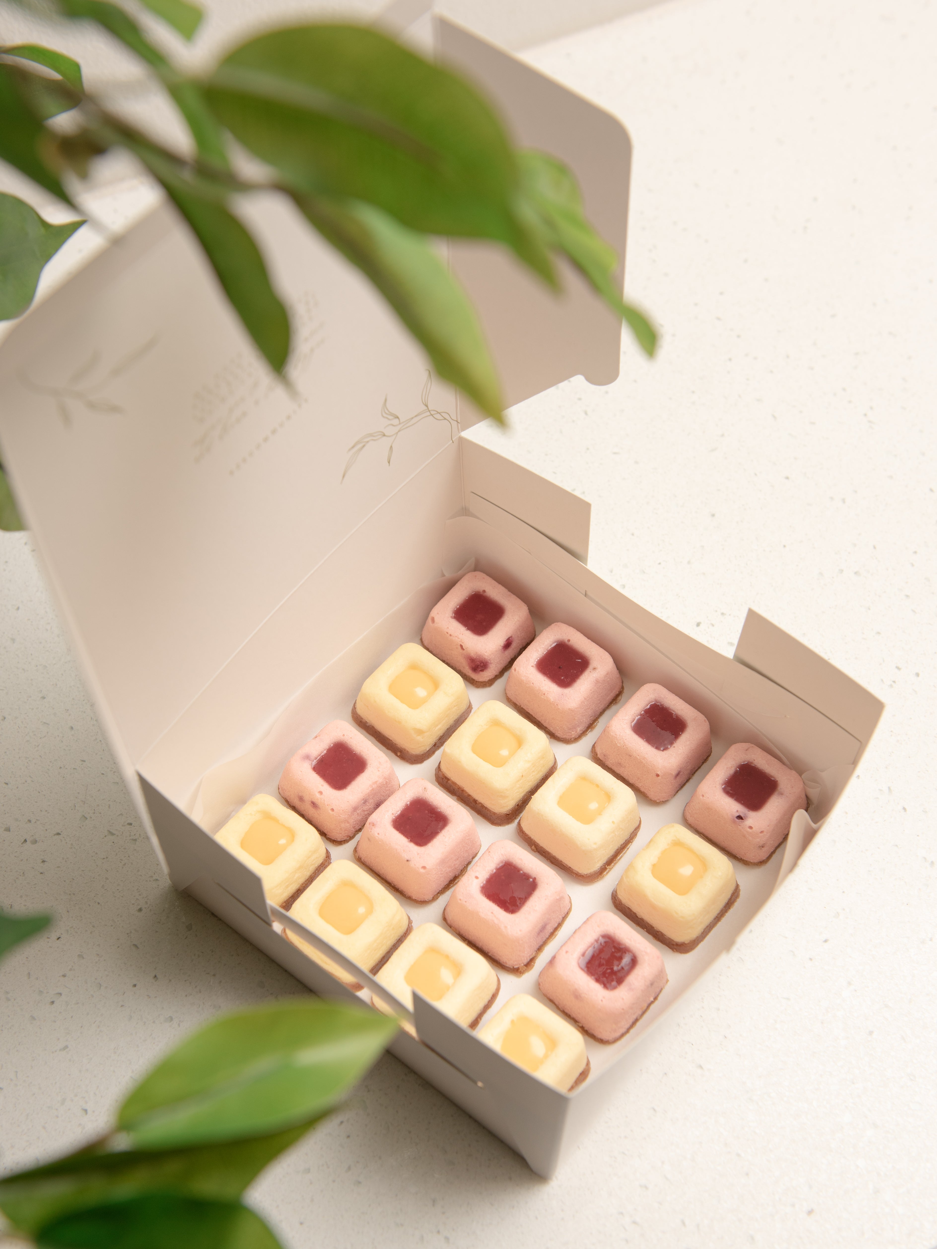 A 384x512 photo of a white paper box containing 16 cubes of Original and Raspberry flavoured mini cheesecakes arranged alternately with leaves on the foreground